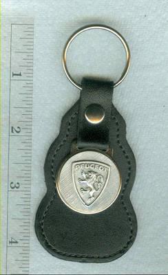 peugeot car logo large leather key chain fob w/original  silver plate emblem 