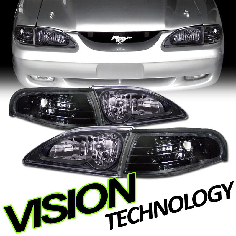 4pc pair 94-98 mustang v6/v8 jdm black crystal head lights+signal/parking corner