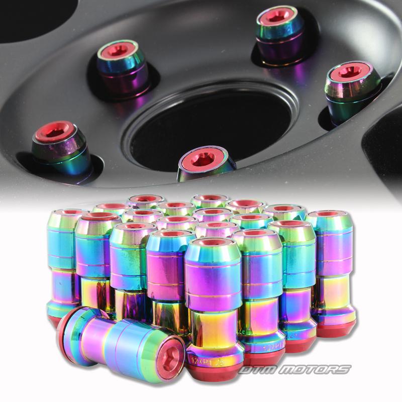 M12 x 1.25mm thread pitch 1.9" long wheel rim lug nuts - 20pc rainbow / red