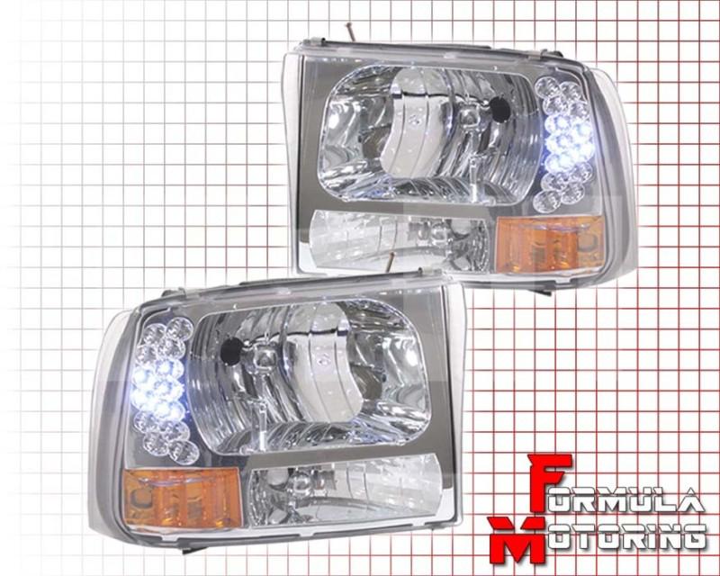 99-04 f250 f350 superduty excursion led headlights signal bumper chrome/amber