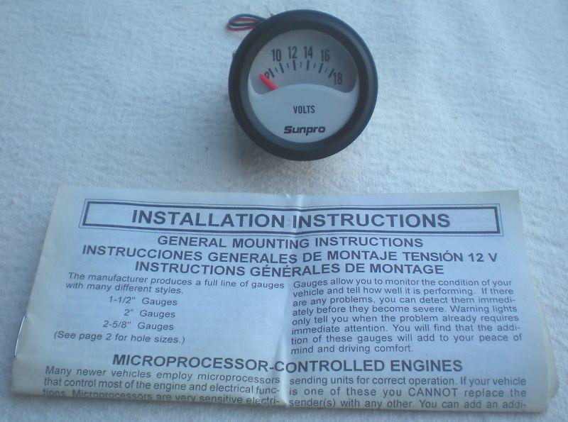 1 1/2" sunpro electric voltmeter gauge - white face - very nice