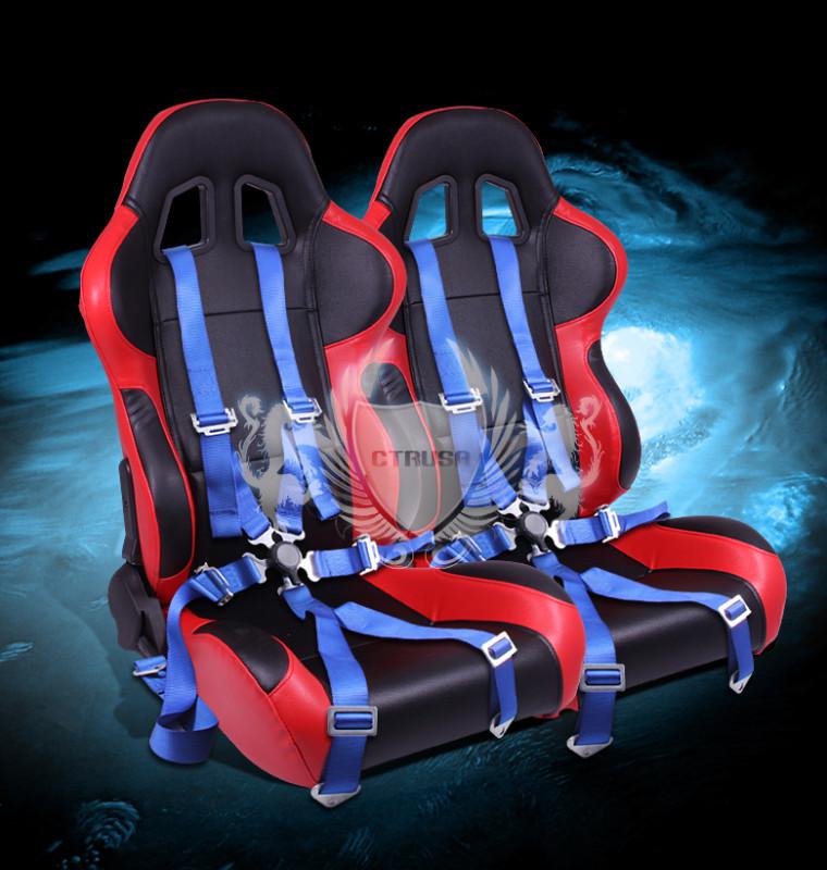 F1 2x blk/red turino sport racing bucket seat+6-pt blue belts camlock strap pair