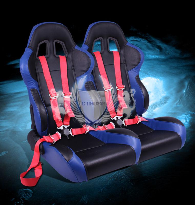 2x universal black/blue turino racing seats+4-pt red camlock harness seat belts