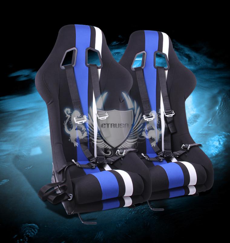 2x universal black/blue white stripe fabric racing bucket seats+4pt camlock belt