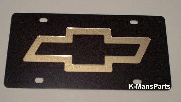 Chevrolet bowtie gold emblem black stainless steel vanity license plate tag