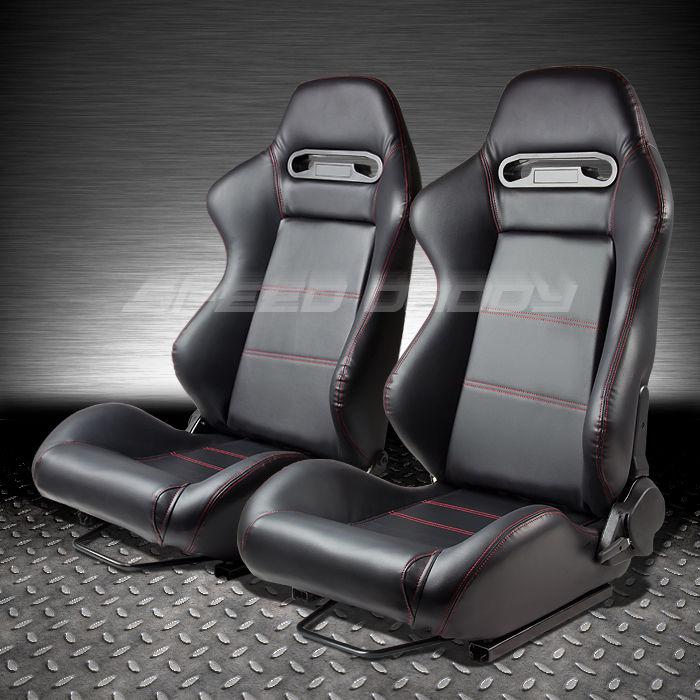 2x type-r fully reclinable pvc leather racing seat/seats+slider black+red stitch