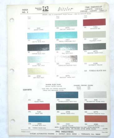 1968 chevrolet ppg   color paint chip chart all models original 