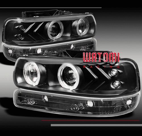 99-02 silverado suburban tahoe pickup halo led projector head light+bumper black