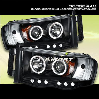 02-05 dodge ram  black euro style halo projector headlights lamps set+led drls