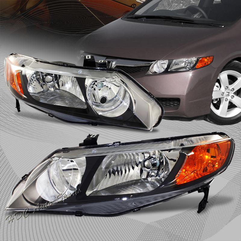 2006-2009 honda civic black housing clear lens amber reflector headlight lamps