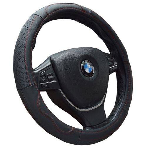 Black synthetic leather steering wheel cover with red stitch for auto grip