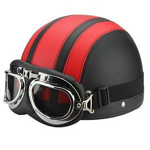 New red motorcycle half open face leather helmet with sun visor and goggles