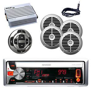 Marine kenwood cd mp3 bluetooth radio wired remote,amp,antenna 4 silver speakers