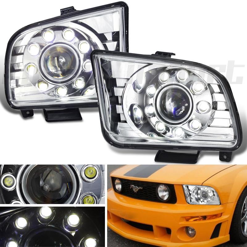 05-09 mustang v6 v8 cobra shelby gt led drl chrome projector head lights new set