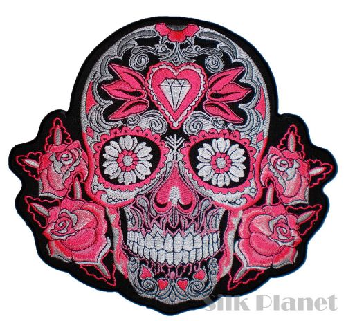 9&#034; jewel mexican sugar skull rose jacket tattoo biker vest back patch death day