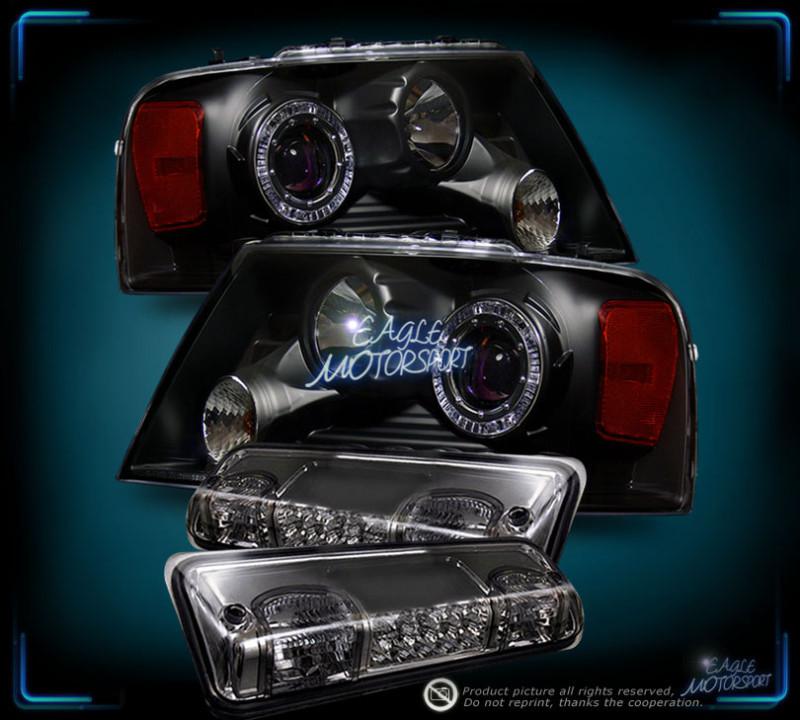 2004-2008 ford f-150 led halo black projector headlights smoke 3rd brake lamps