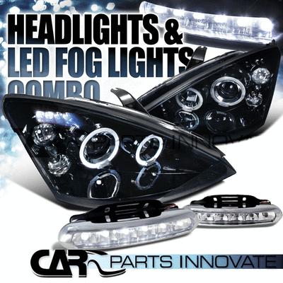 Glossy black 00-04 ford focus dual halo projector headlights+6-led fog lamps