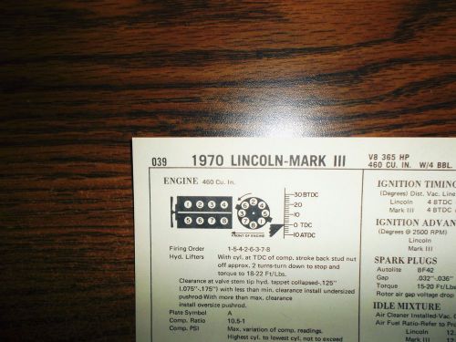 1970 lincoln &amp; mark iii models 365 hp 460 v8 4bbl sun tune up chart great shape!