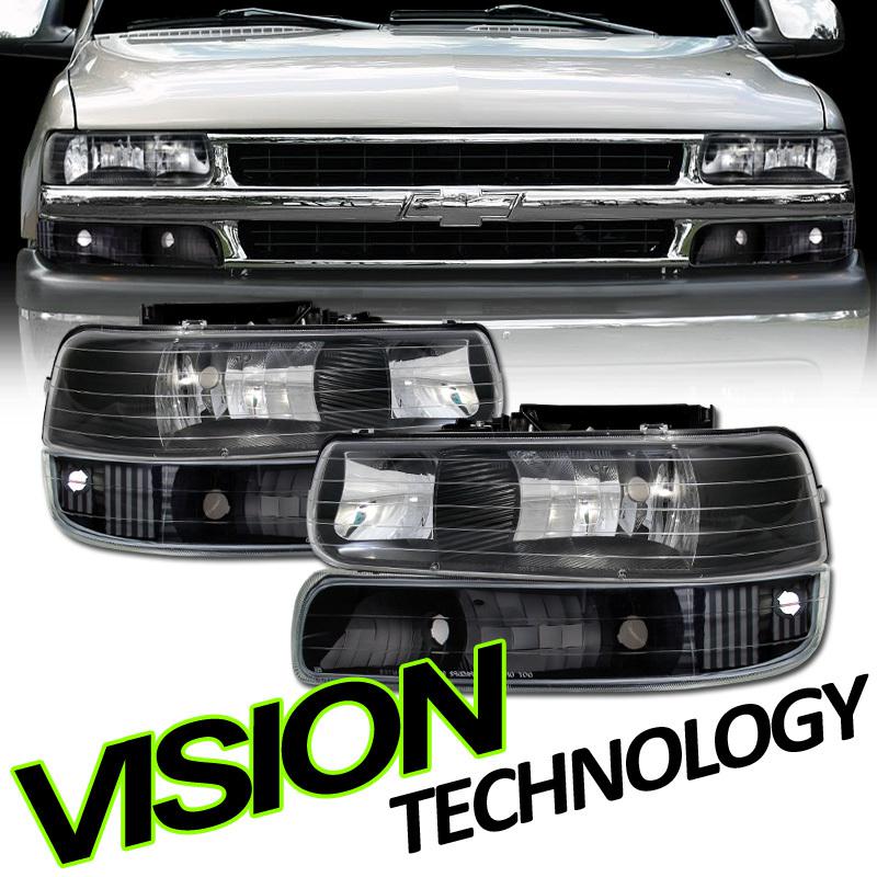 Chevy 99-02 silverado 00-06 tahoe/suburban jdm blk head lights+bumper/corner 4pc