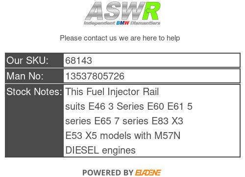 Bmw fuel injector rail diesel m57n e46 e60 e65 3 5 7 series  13537805726