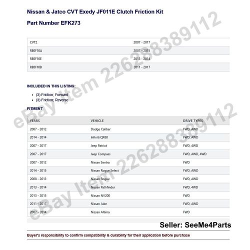 Nissan jatco cvt clutch friction kit jf011e re0f10a re0f10b 07-on exedy efk273