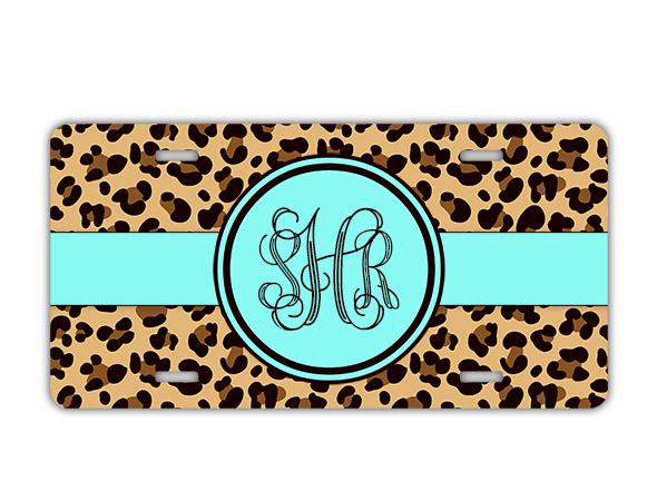 Monogrammed license plate - animal print cheetah lt blue monogram car tag (9959)