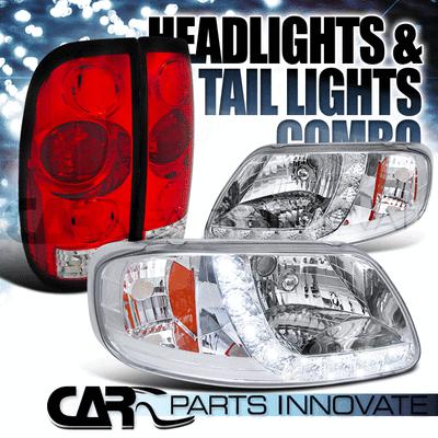 1997-2003 ford f150 styleside chrome smd led drl headlights+red tail lamps