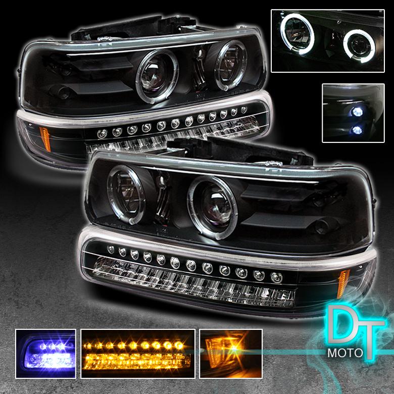 Silverado tahoe suburban 2*halo projector blk head lights+led signal bumper lamp