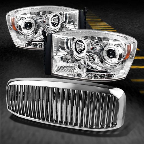 06-08 ram 1500 06-09 2500/3500 chrome halo projector headlights+vertical grille