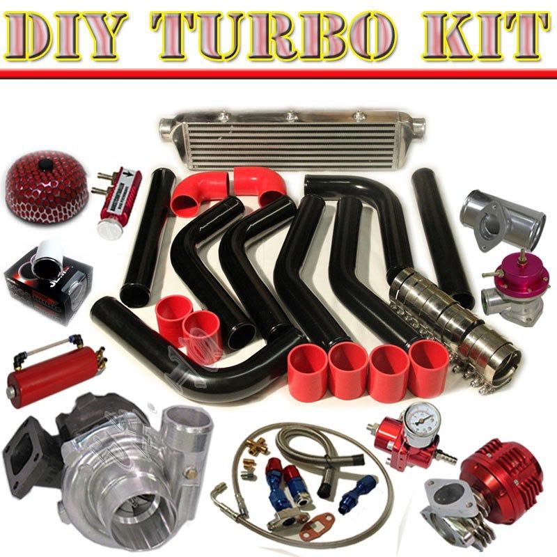 T3/t4 turbo+intercooler+28" piping kit+bov type-s+oil drain+feed line+gauge bk/r