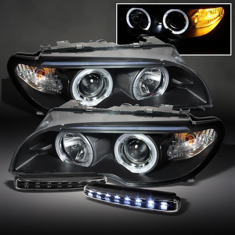 Black 04-06 bmw e46 halo projector headlights w/corner+led daytime running lamps