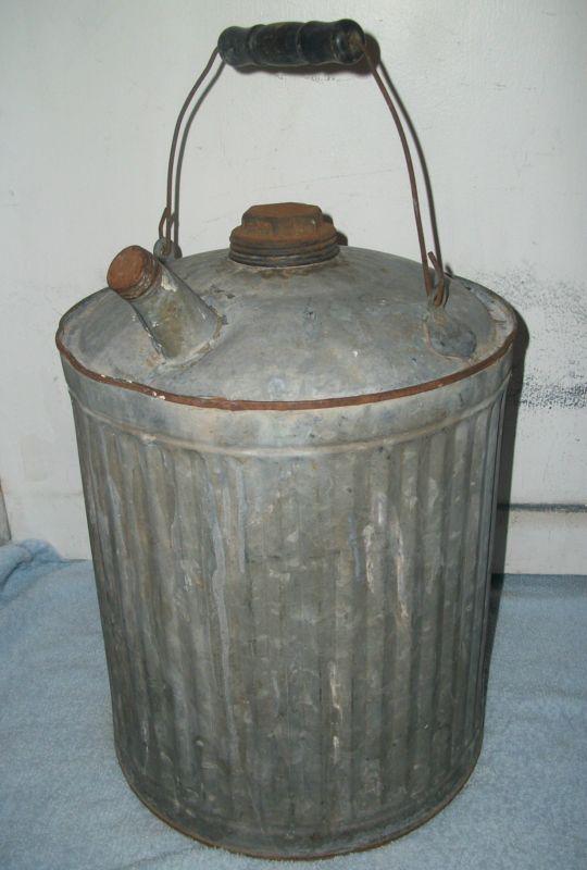 Vintage galvanized five gallon gas can