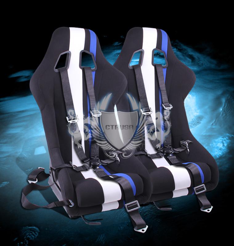 2x black/white blue stripe fabric racing bucket seats + 5-pt belt camlock strap