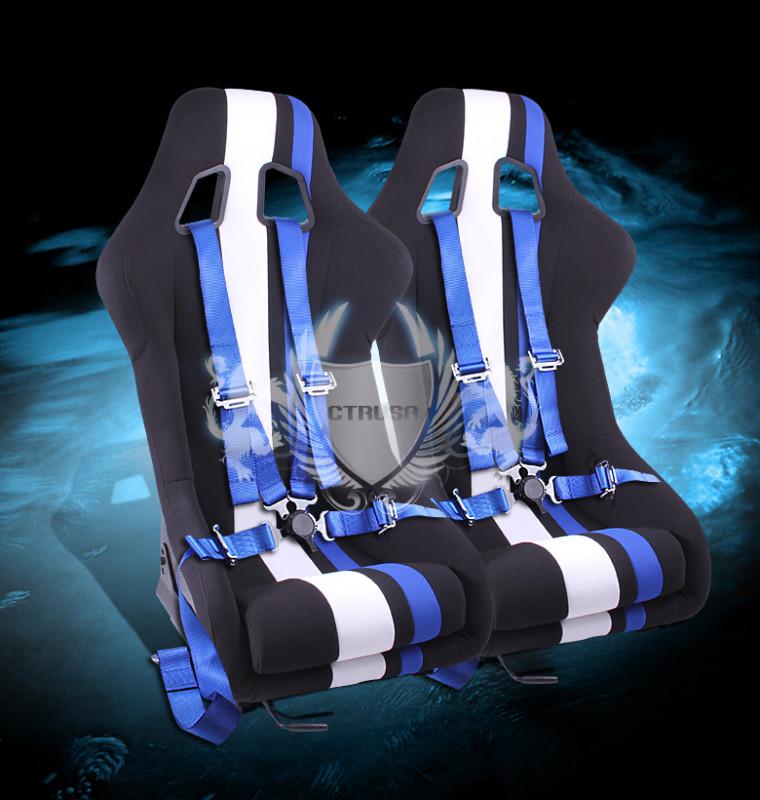 2x black/white blue stripe fabric racing bucket seats + 4-pt belt camlock strap