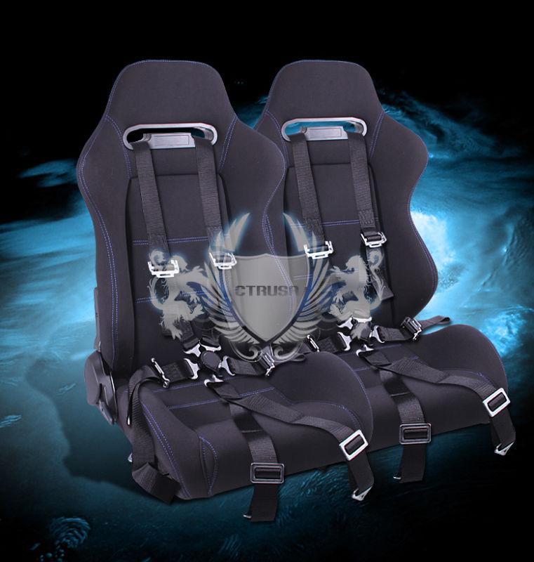 2x black/blue stitch fabric racing bucket seats + 6-pt belts camlock strap pair