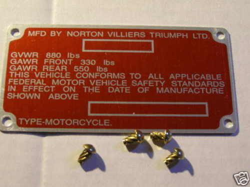 Norton commando 1975 frame decal tag & rivets  nvt type, free ship to usa stk129