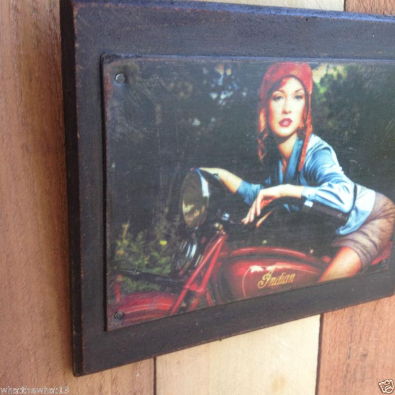 Indian scout and girl wood sign style of chief twin knuckle v twin harley bike