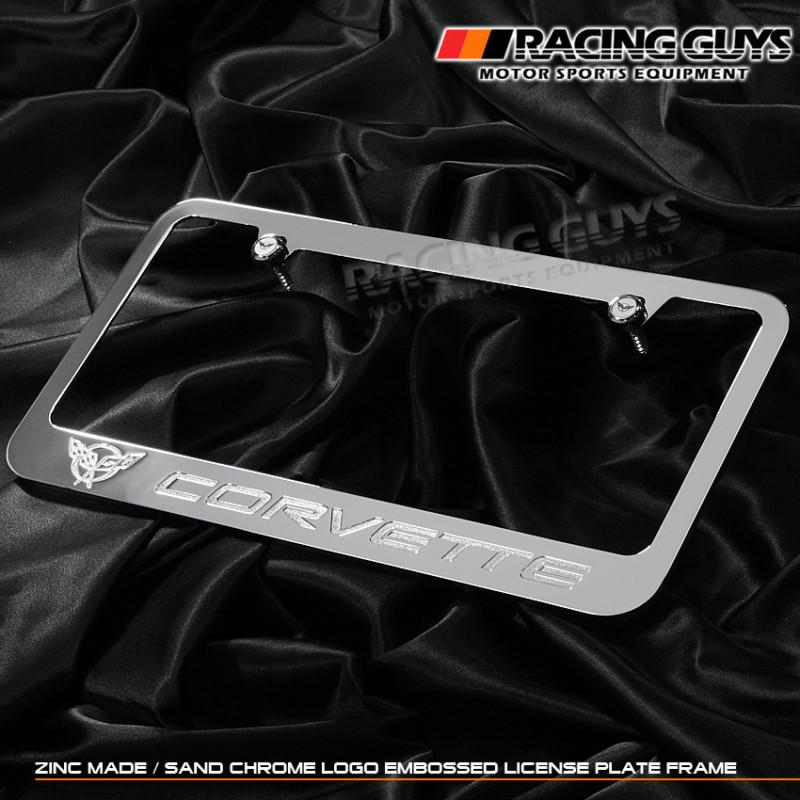 Corvette chrome metal license plate frame+logo caps new