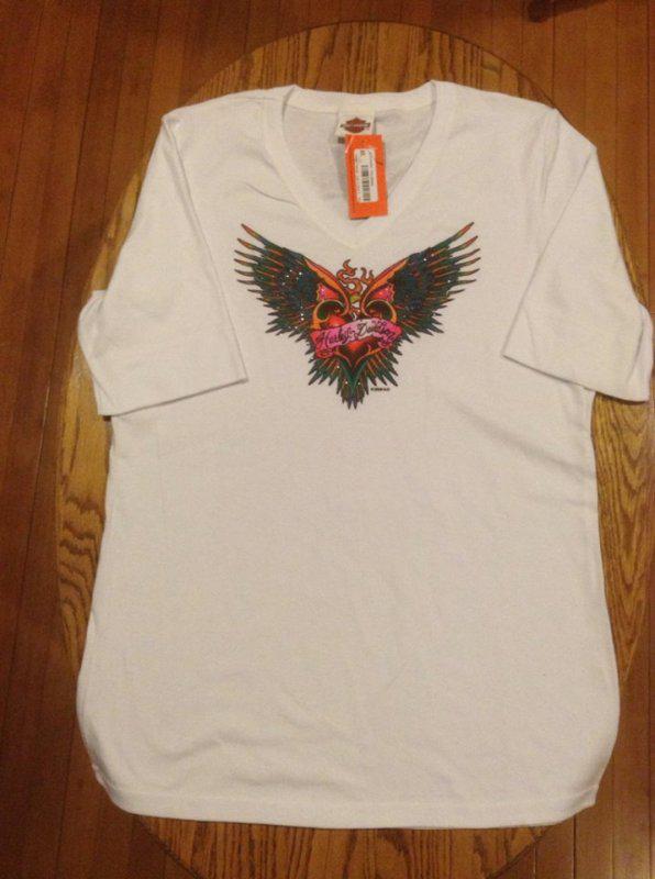 Nwt~harley-davidson® women's white 1/2 sleeve "tattoo flames" v-neck sz large