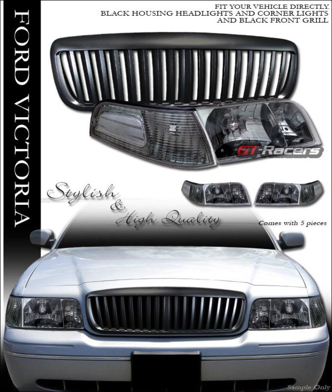 Blk head lights corner lamps 4p+vertical front grill grille 98-07 crown victoria