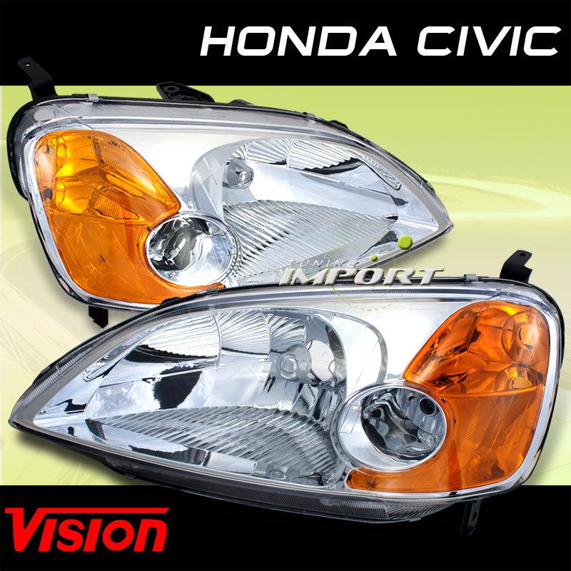 Honda 01-03 civic lx ex dx replacement pair chrome headlight lamp amber relector