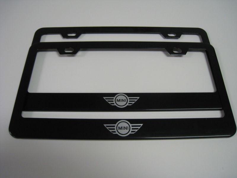 (2) black coated metal license plate frame - mini "logo"