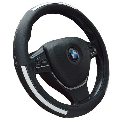 Black synthetic leather steering wheel cover grip with withe stitch black stripe