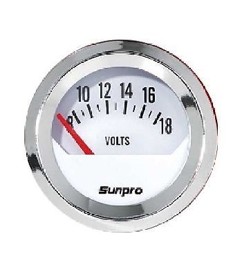 Sunpro 2&#034; voltmeter 0-18 v white, chrome bezel new cp8205 authorized distributor