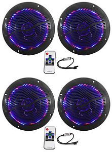 (4) rockville rmc65lb 6.5&#034; 1200w black marine speakers w/multi color led+remote