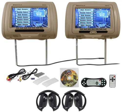 Rockville rdp931-bg 9” beige car dvd/hdmi headrest monitors+2 wireless headsets