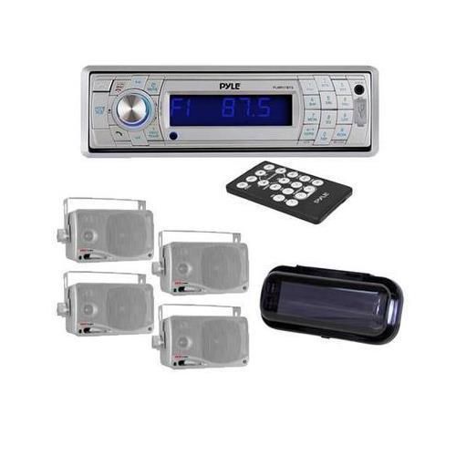 Marine boat cd mp3 am/fm radio player &amp; bluetooth 4 silver box speakers &amp; cover