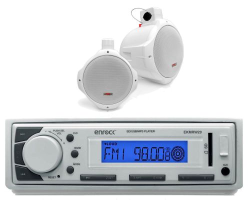 Enrock white aux marine usb am fm radio, 2 white 200w 6.5&#034; wake board speakers