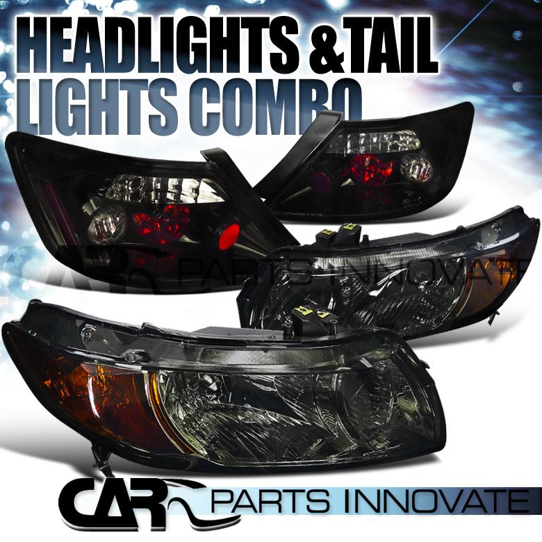 06-11 civic 2dr coupe crystal smoke headlights+glossy black rear tail lamps