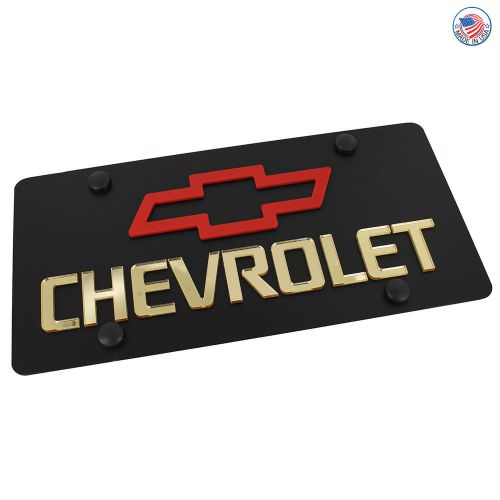 Chevy red bowtie logo + gold name on carbon black stainless steel license plate